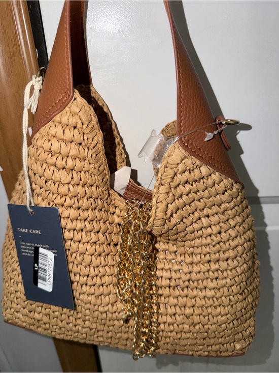 Handbags - Woven Straw Hobo Tote with Brown Leather Trim